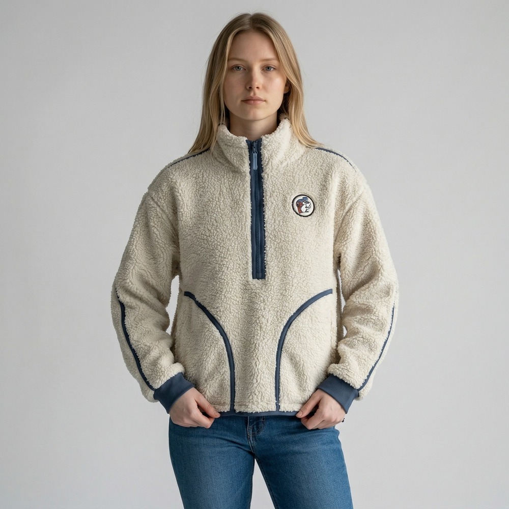 Buc-ee's Womens Cream Sherpa Fleece Quarter Zip Pullover Jacket Navy Trim Medium